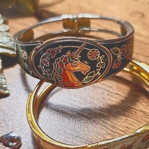 Vintage Dark Blue Enamel Cloisonne Unicorn Hinge Bracelet